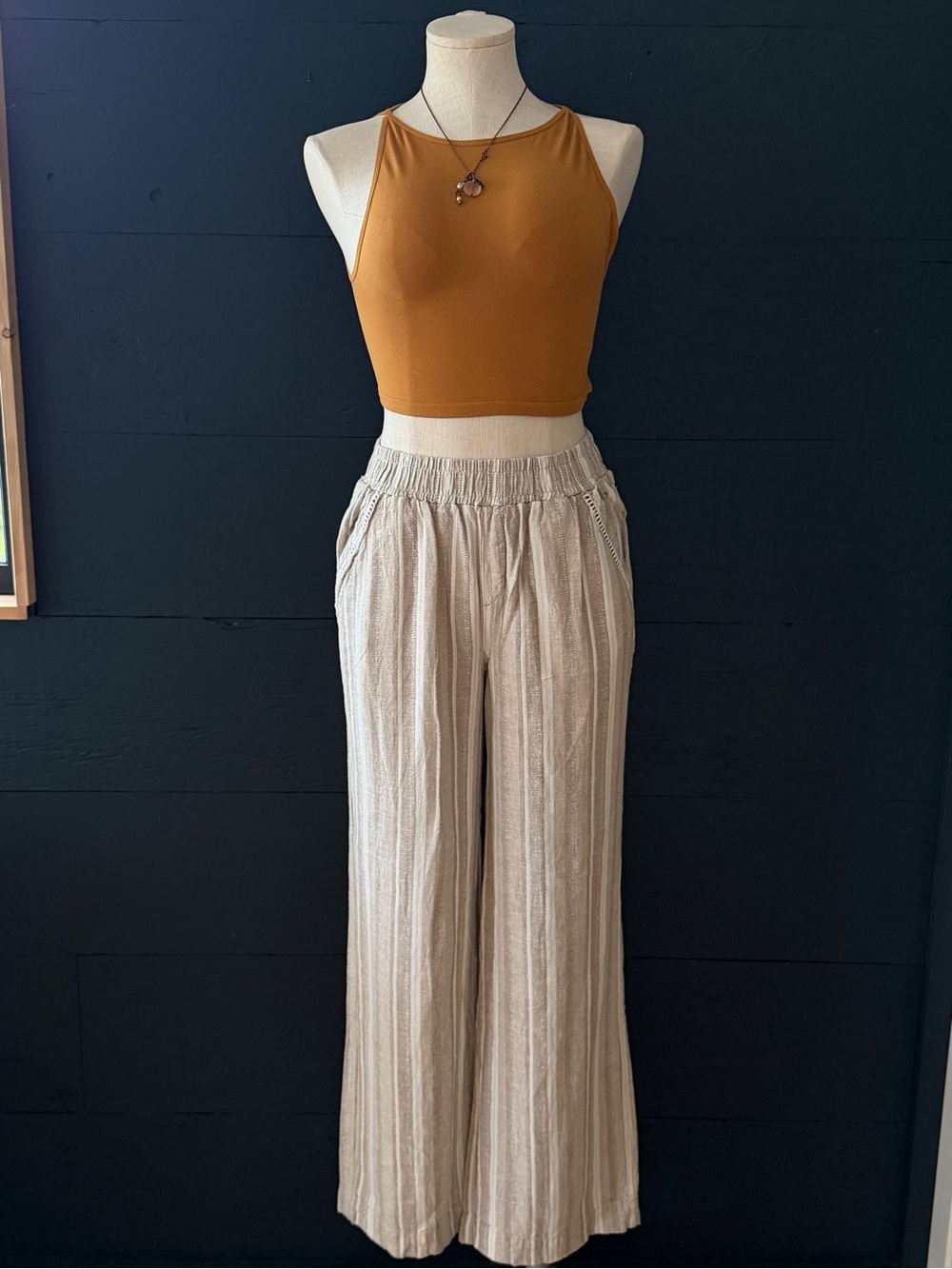 Briggs Beige Striped Wide Leg Pants Size S Linen Rayon